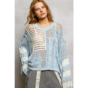 Color-Blocked Stripe Pattern Knit Top with Twisted Weave
